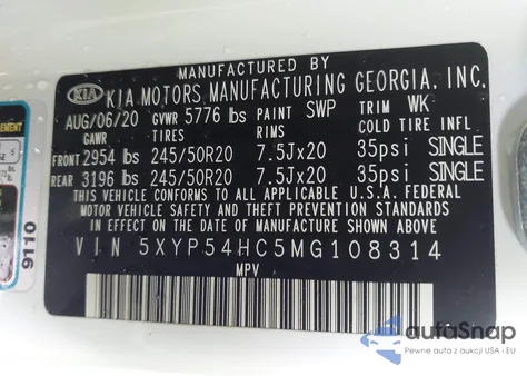 2021 Kia Telluride из США, поврежденный, VIN 5XYP548C5MG108314